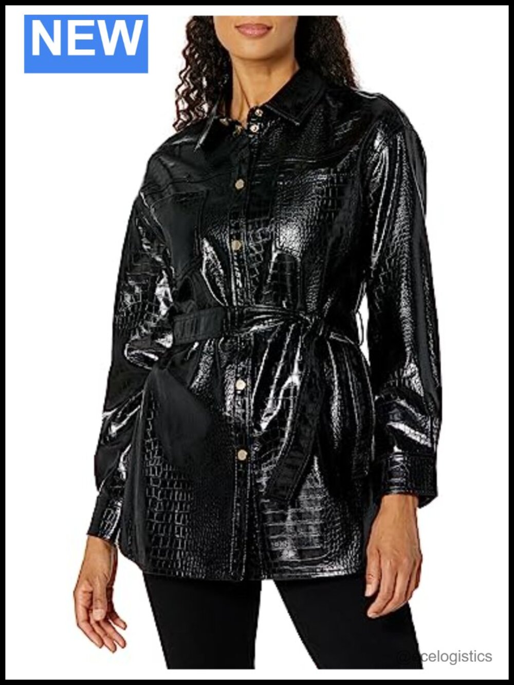 PU Leather Crocodile Pattern Belted Blouson Jacket Faux Leather Long Sleeve